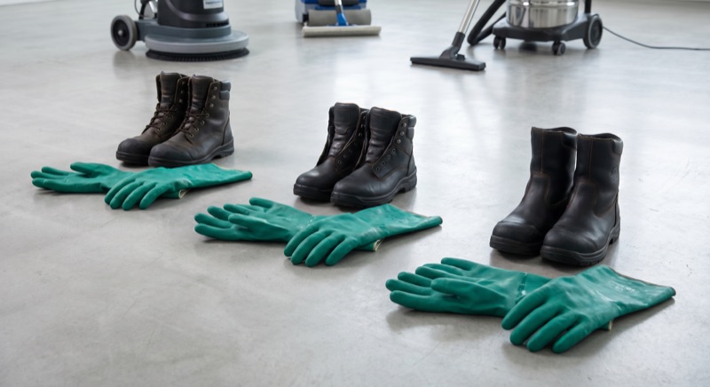 Ausrüstung des TrioClean Teams – drei Paar Arbeitsstiefel und Handschuhe