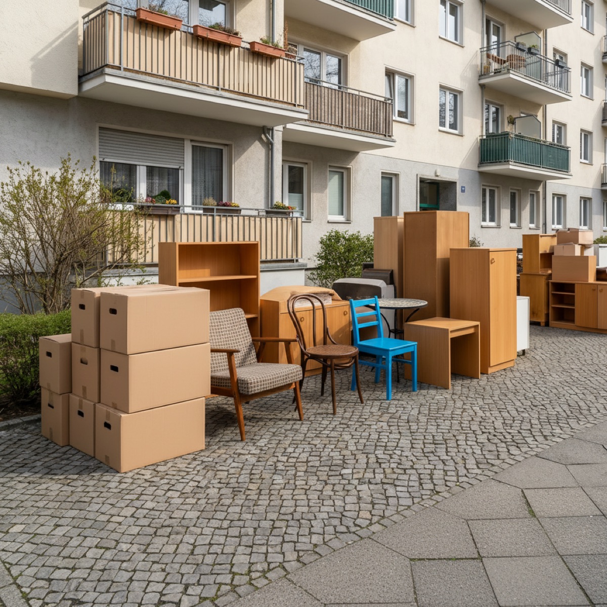 Sperrmüll und Hausrat vor einem deutschen Wohngebäude zur Abholung bereitgestellt