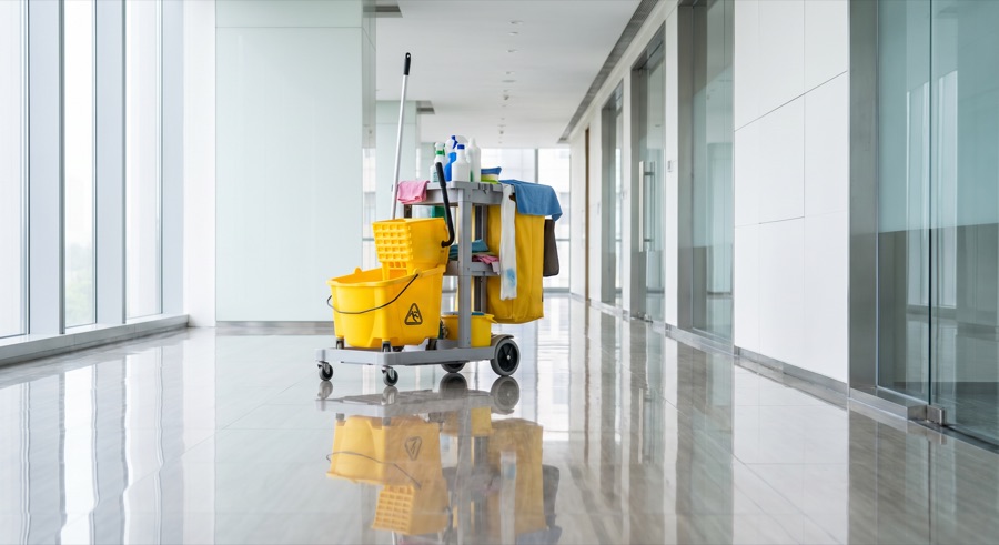 Professioneller Putzwagen in einem modernen Büroflur