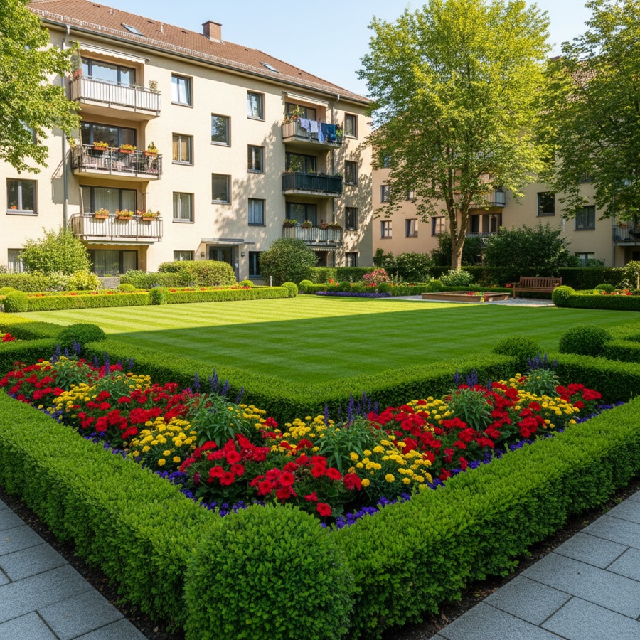 Gepflegte Außenanlage einer Wohnanlage mit Blumenbeeten