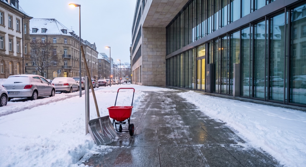 Geräumter Gehweg mit Streuwagen und Schneeschippe vor einem Bürogebäude